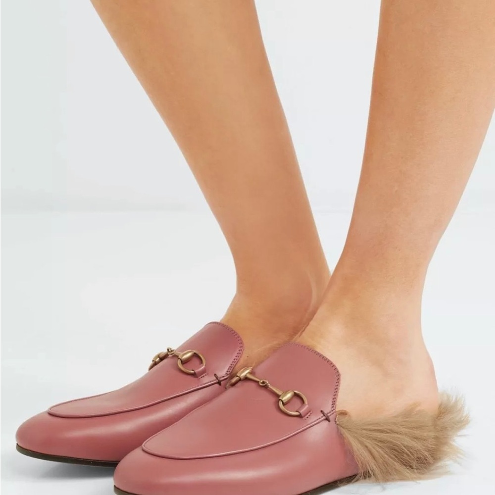 GUCCI Pink Leather And Fur Princetown Mules Flats